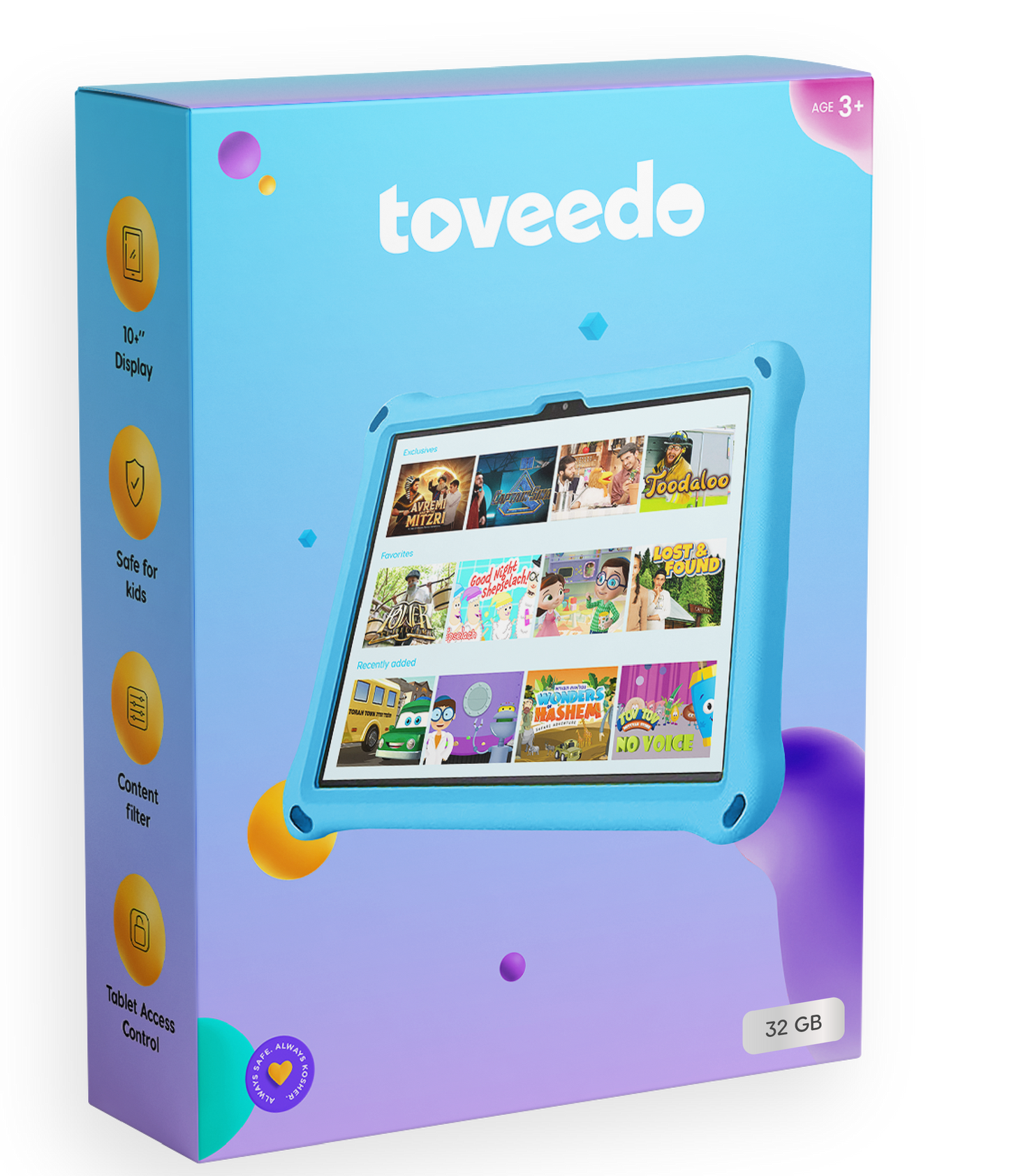 Toveedo kids tablet packaging showing a 10-inch child-safe tablet with educational Jewish video content. The box highlights features like a content filter, tablet access control, and kid-friendly interface. Designed for ages 3+, with 32 GB storage, and a colorful blue and purple design.
